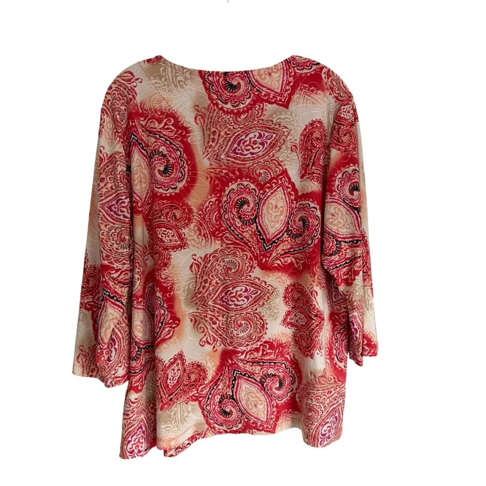 JM Collection Woman Red Paisley 3/4 Sleeve Scoop Neck Top Blouse 1X - Picture 3 of 10